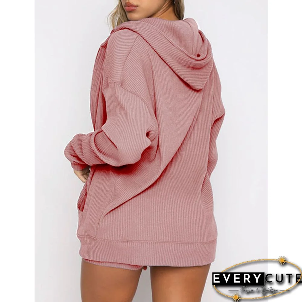 Pink Ribbed Zipper Hoodie with Shorts Lounge Set