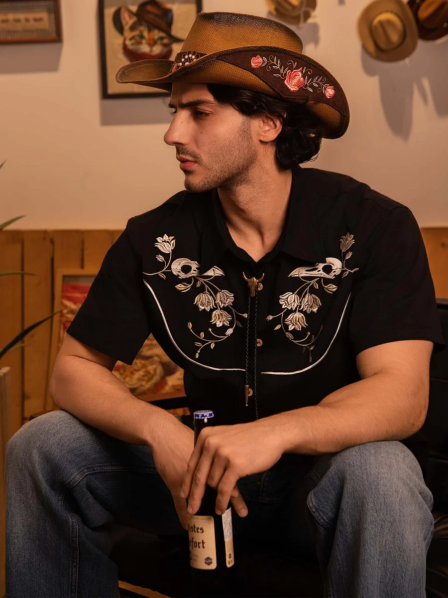 ★ Fallett★ Flower drawing man to man navy FA2501CR13NA Black Floral Long Sleeve 1/4 Zip Sun Shirt | [Kastel]