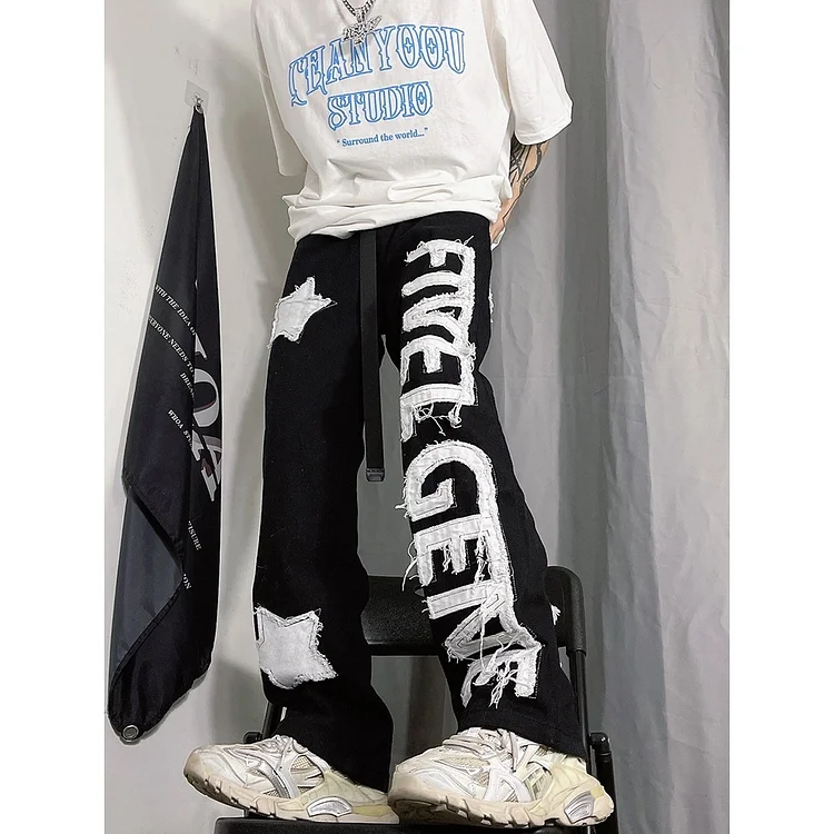 High Street Alphabet Patch Hip Hop Jeans Retro Straight Trousers at Hiphopee