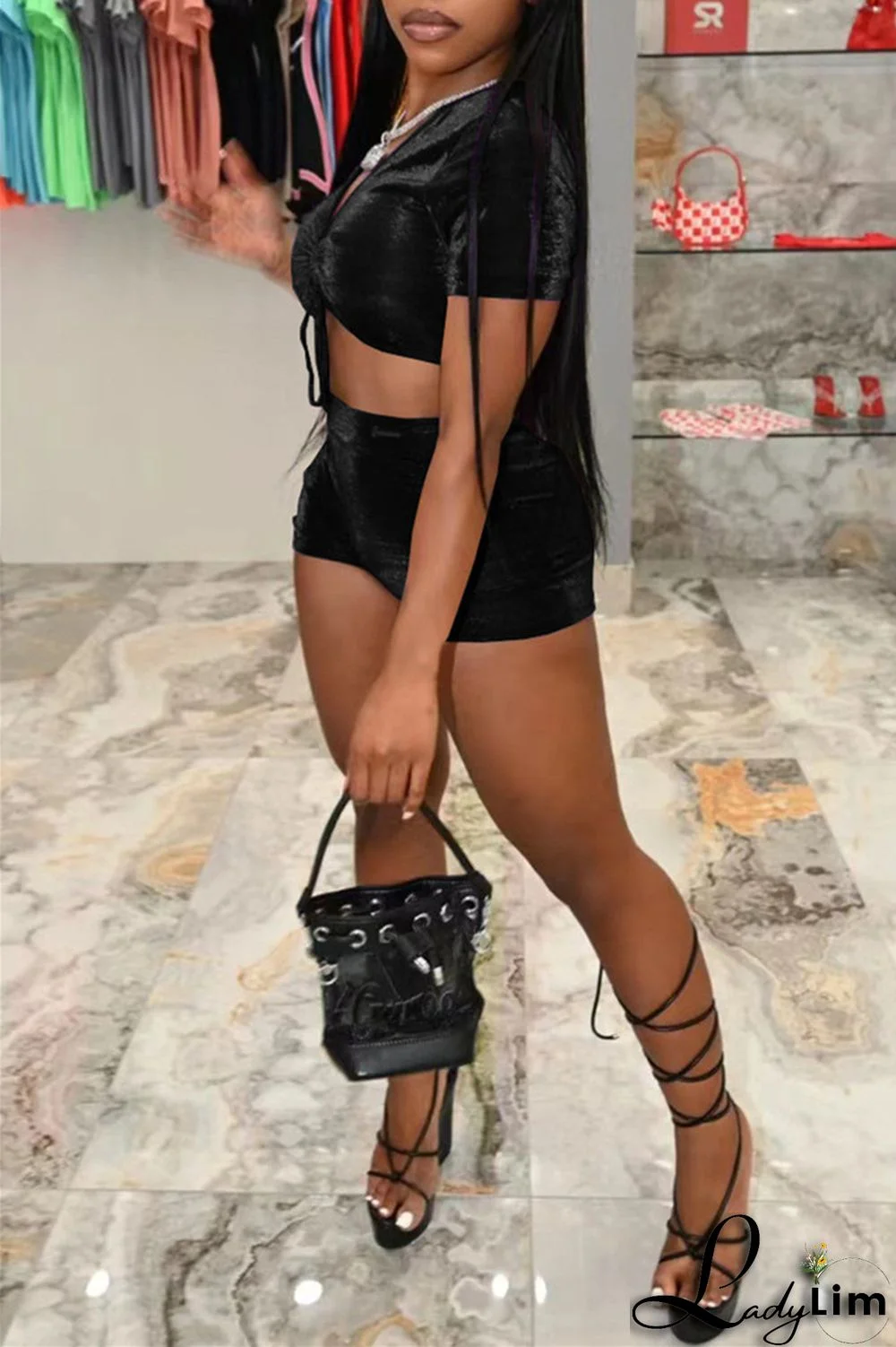 Purple Fashion Casual Solid Draw String Frenulum V Neck Short Sleeve Two Pieces