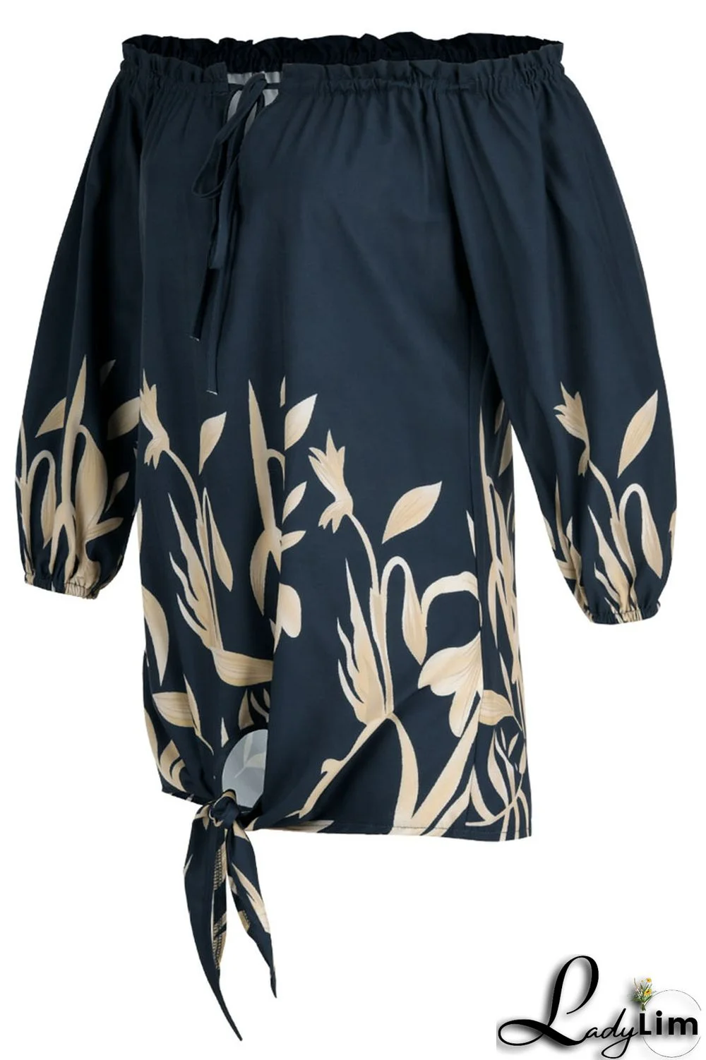 Tibetan Blue Fashion Casual Print Bandage Backless Off the Shoulder Tops