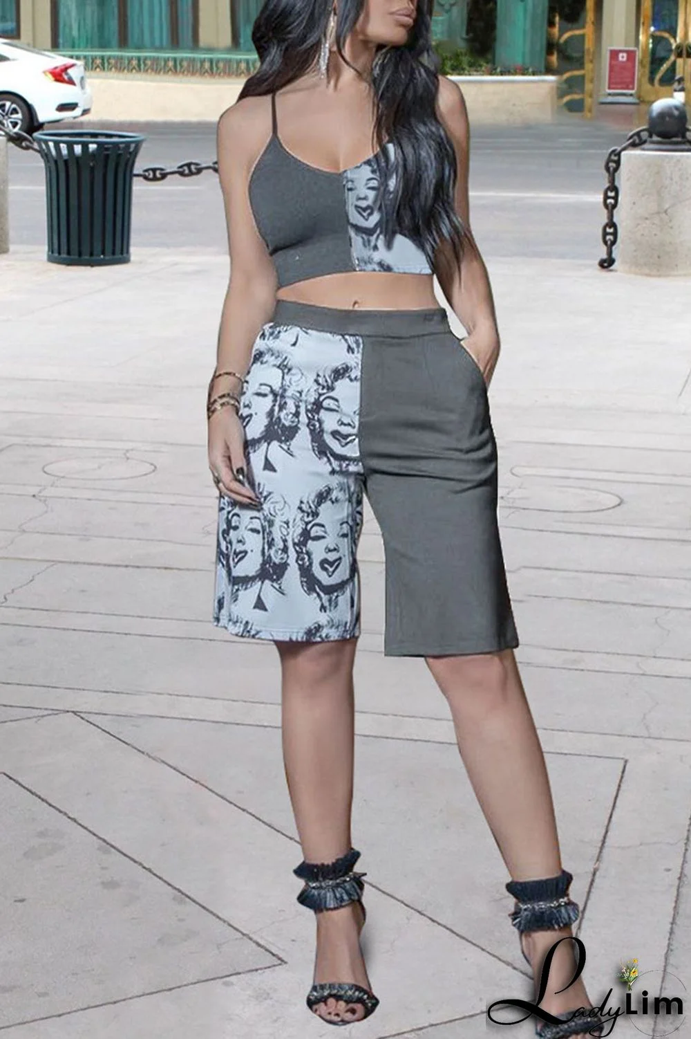 Tangerine Casual Street Print Patchwork Spaghetti Strap Sleeveless Two Pieces