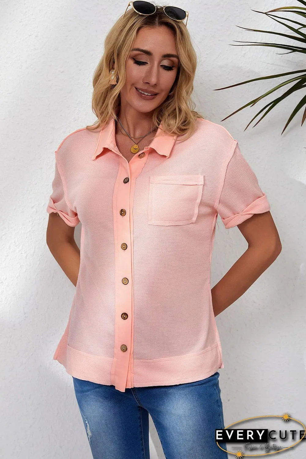 Pink Acid Wash Waffle Knit Short Sleeve Buttoned Shirt