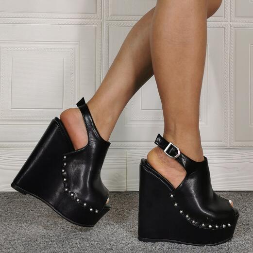 VCSHOES Black Smooth Leather Wedge Rivets Platform Sandals Woman Punk Style Peep Toe Buckle Strappy High Heel Sandals Shoes
