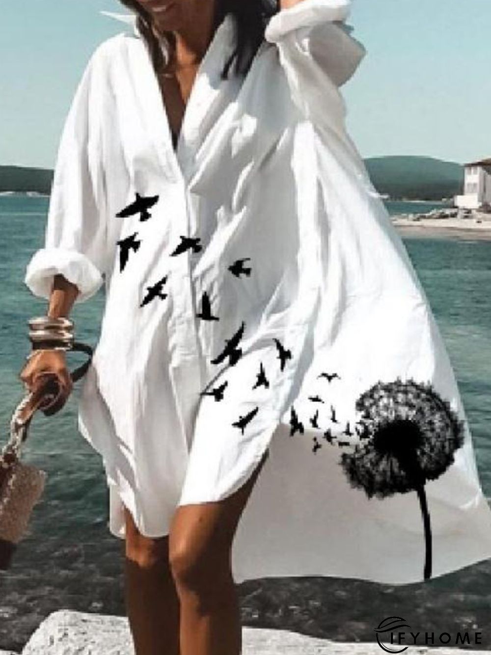 Floral Printed Shawl Collar Holiday Long Sleeve Casual Weaving Dress | IFYHOME