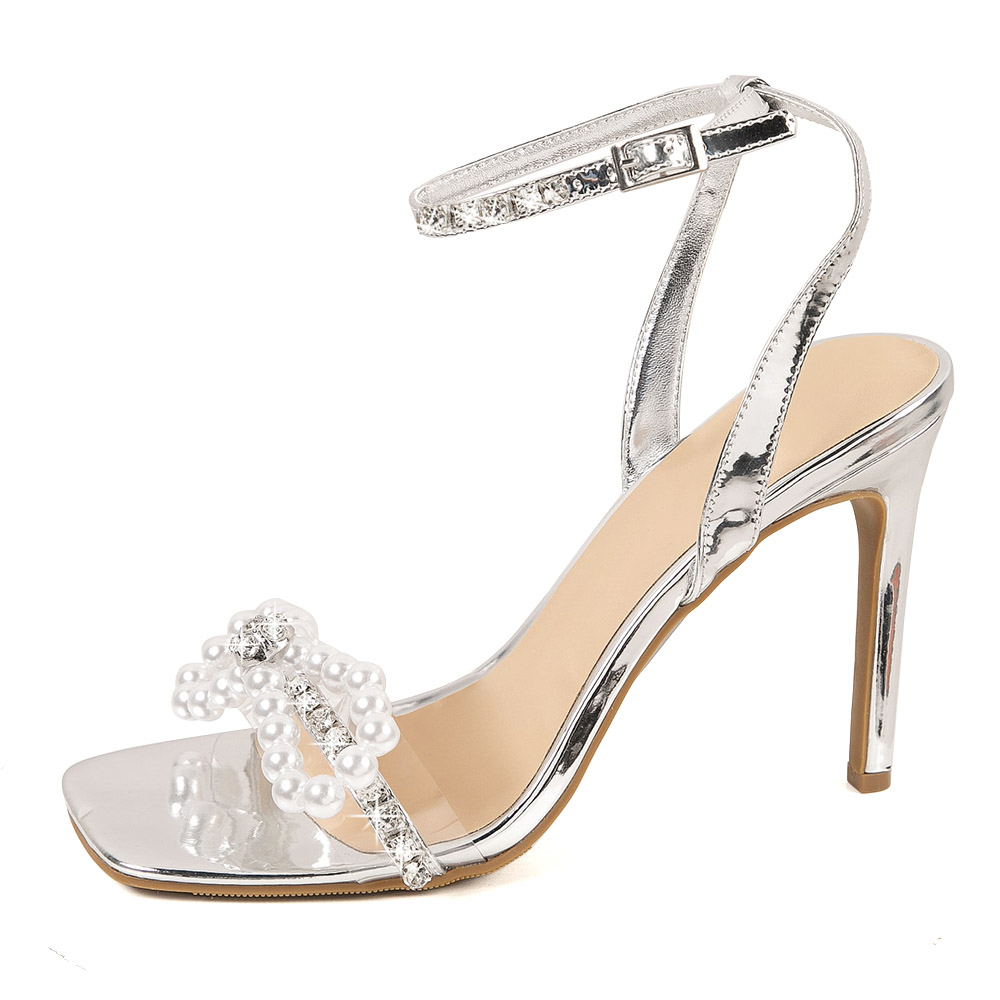Silver Square Toe Stiletto Heel Ankle Strap Sandals with Pearl Bow Nicepairs