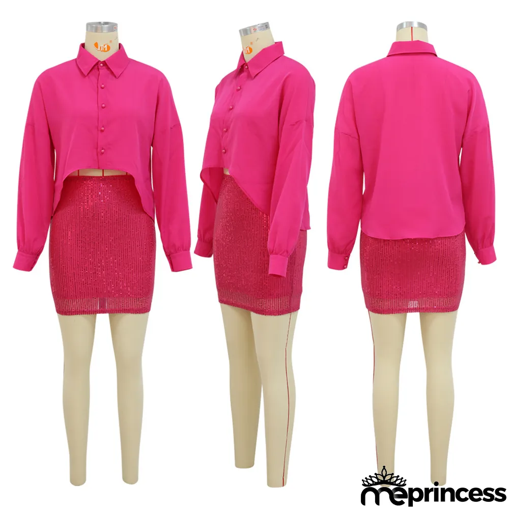 Solid Color Long Sleeve Shirt And Sequin Skirts Two Piece Set