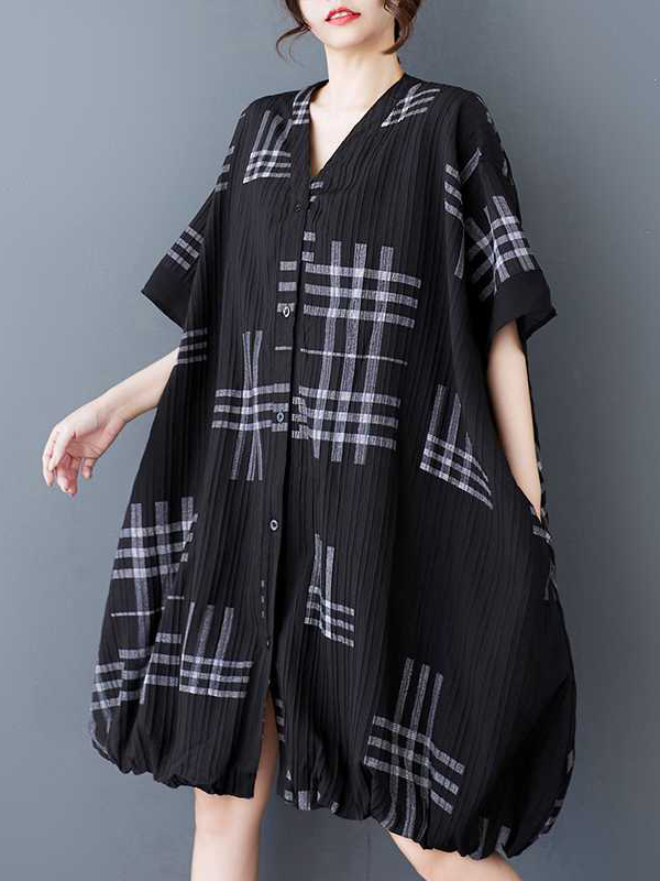 Plaid Pattern V Neck Irregular Hem Short Sleeve Loose Midi Dress