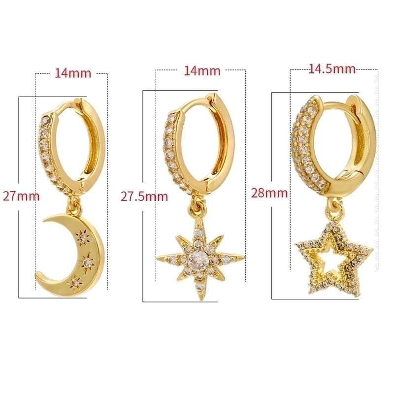 1 Pair Elegant Cute Pentagram Moon Plating Hollow Out Inlay Copper Zircon 18k Gold Plated Drop Earrings
