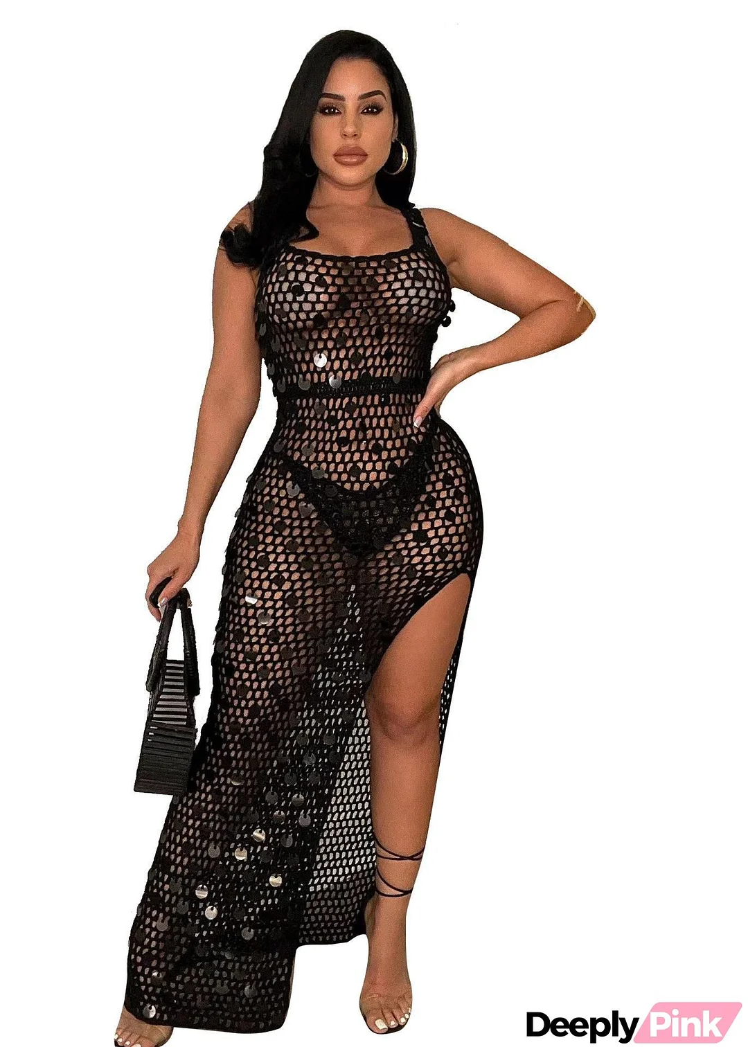 Women Fashion Sexy Hollow Knitted Sequin Vacation Beach Maxi Dress