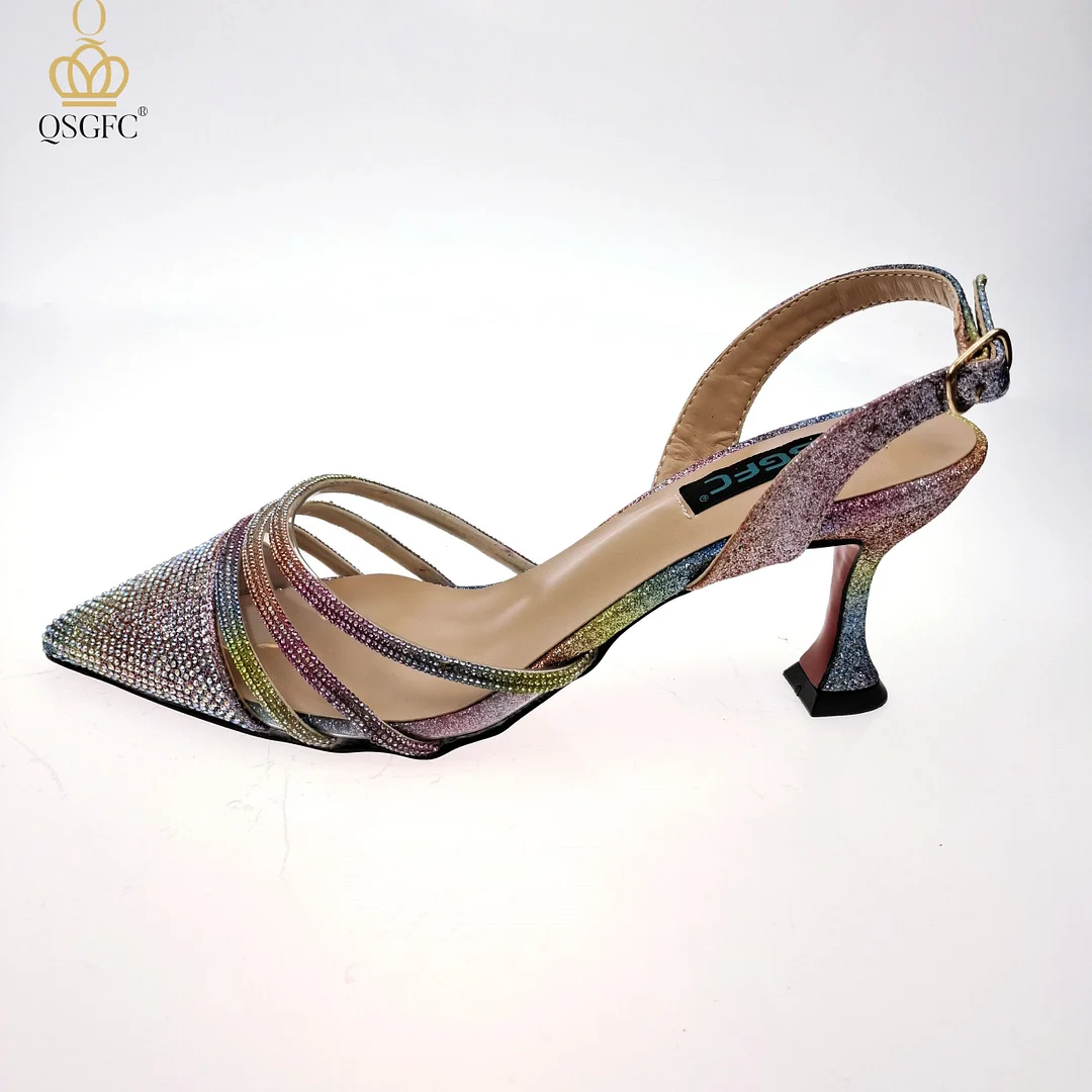 QSGFC2022 Fashion Shiny Full Diamond Decoration In Nigeria Elegant Orange Color Ladies Shoes and Bag For Party Wedding