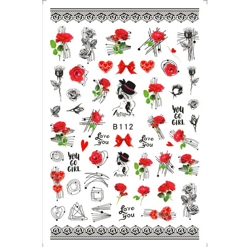 Black Rose Flower Heart 3D Nail Sticker Self-Adhesive Slider Art Decorations Valentine's Day Decals Manicure Accessories-Nail Inspo