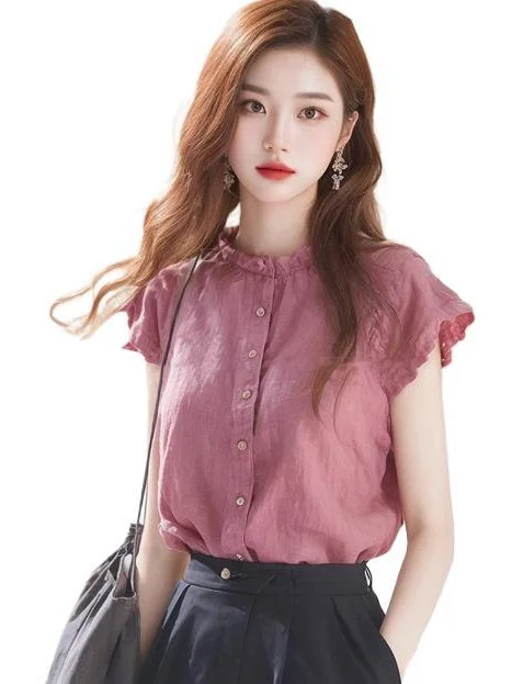 Athvotar Athvotar Ear Collar Simple Small Flying Sleeve Shirt Female Design Sense Of Small Summer Single Special Beautiful Shirt Top