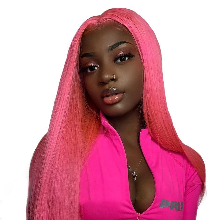 Straight Pink Lace Front Human Hair Wig-elleschic
