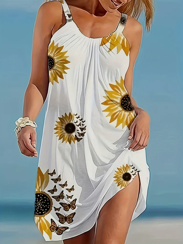 Targeted Development Of Fashionable Sunflower Print Sleeveless Vest Dress For Vacation Style Dress