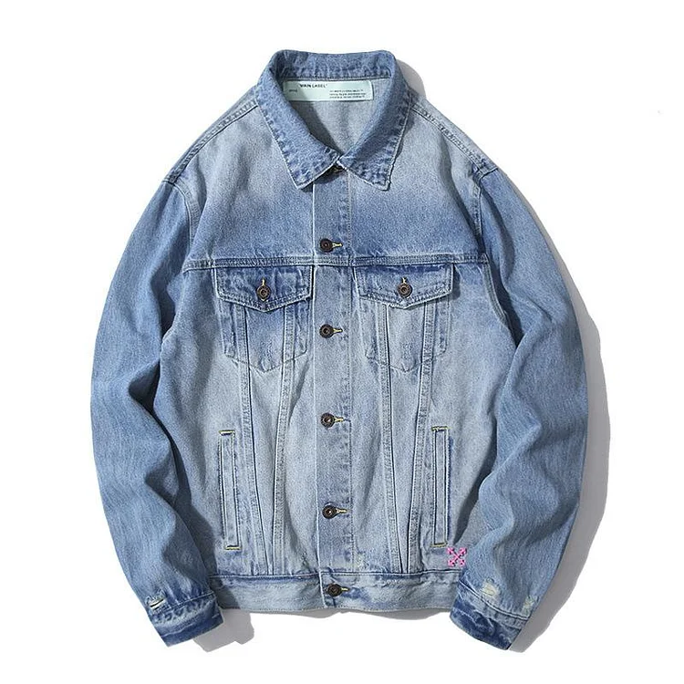 Arrow Denim Jacket Jean Coat off Ow White Graffiti Rendering Arrow Distressed Locomotive Men and Women Denim Jacket Coat Owt