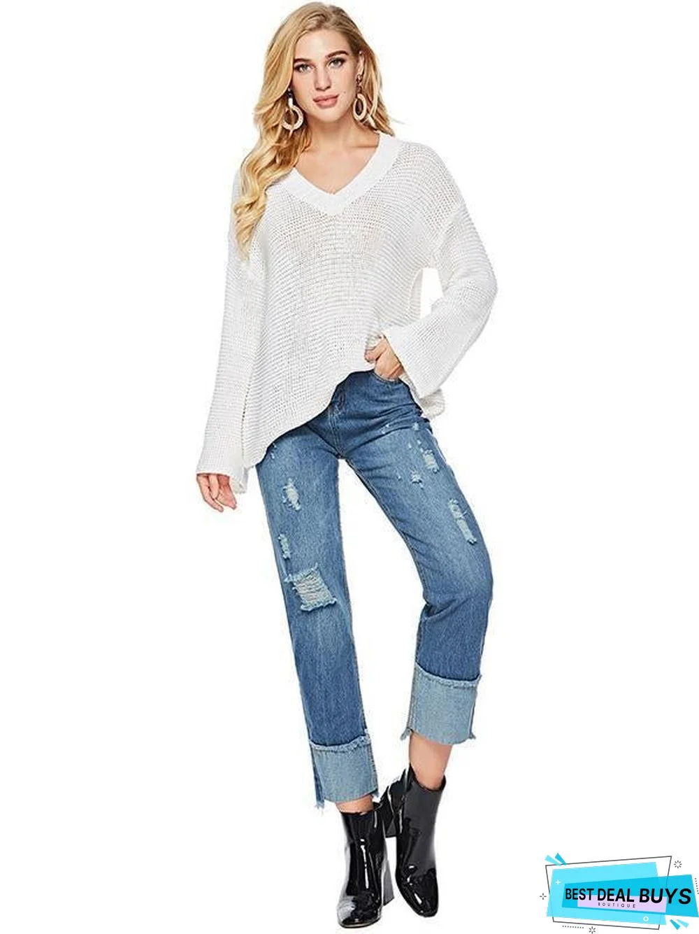 Sexy Long Sleeve Solid Color V-Neck Sweater Tops