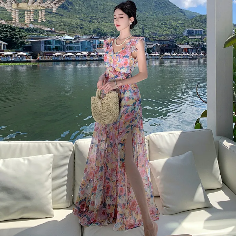 Churchf Churchf Floral Collar Dress Female Tea Break Seaside Vacation Senior Age Reduction Long Skirt Sanya Open Back Lace Skirt