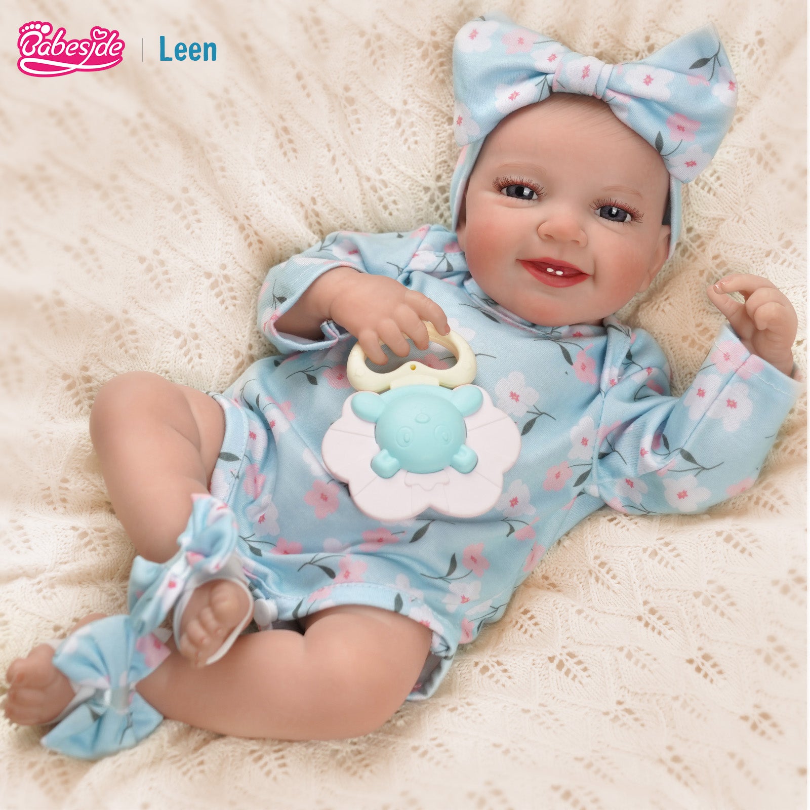 Babeside Smiling Reborn Baby Leen 20'' Little Infant Girl Best Gift for Kids Blue Floral Girl Leen-Cloth Body