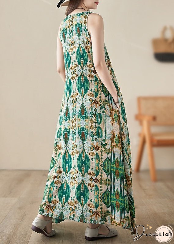 Handmade Green O-Neck Print Maxi Dresses Summer