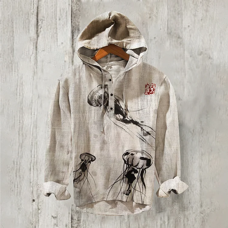 Japanese Art Marine Jellyfish Button Linen Blend Casual Hoodie