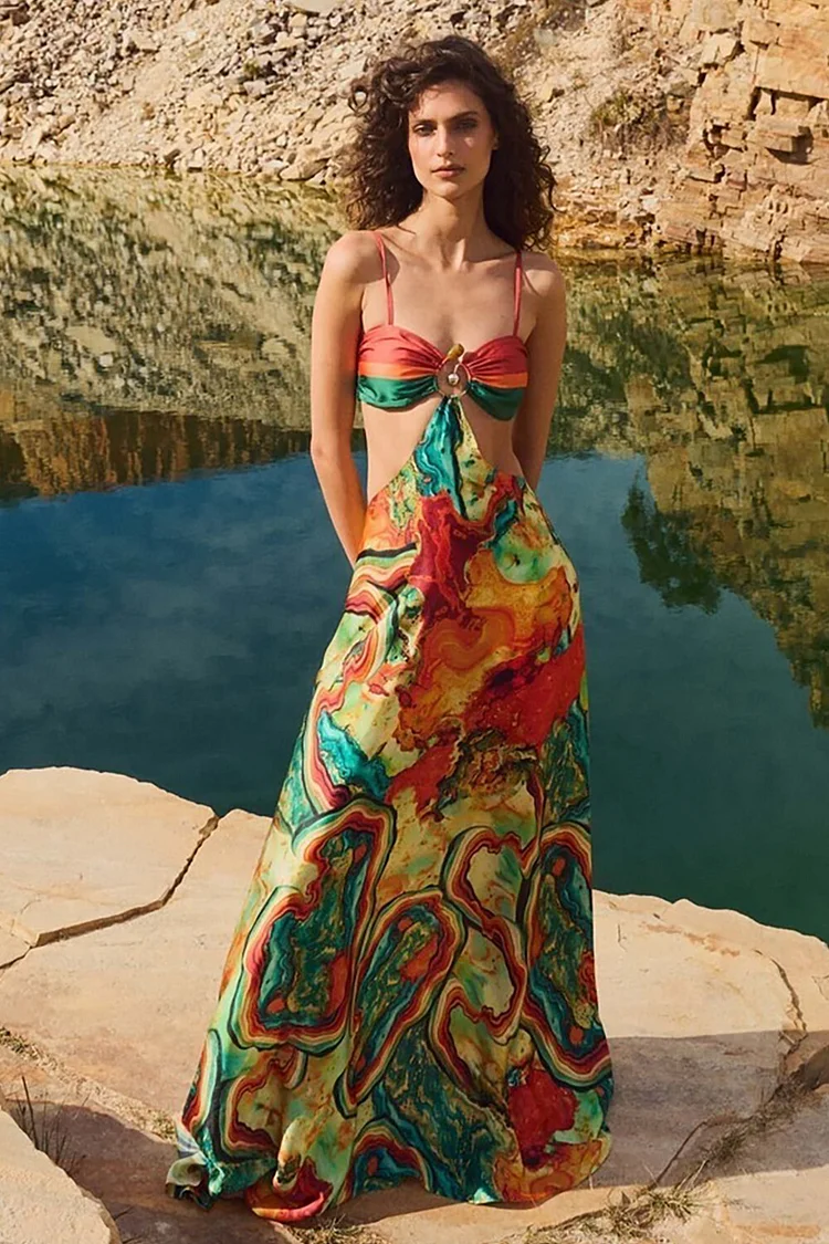 Waist Cutout Multicolor Print Vacation Strappy Maxi Dresses-Green [Pre Order]