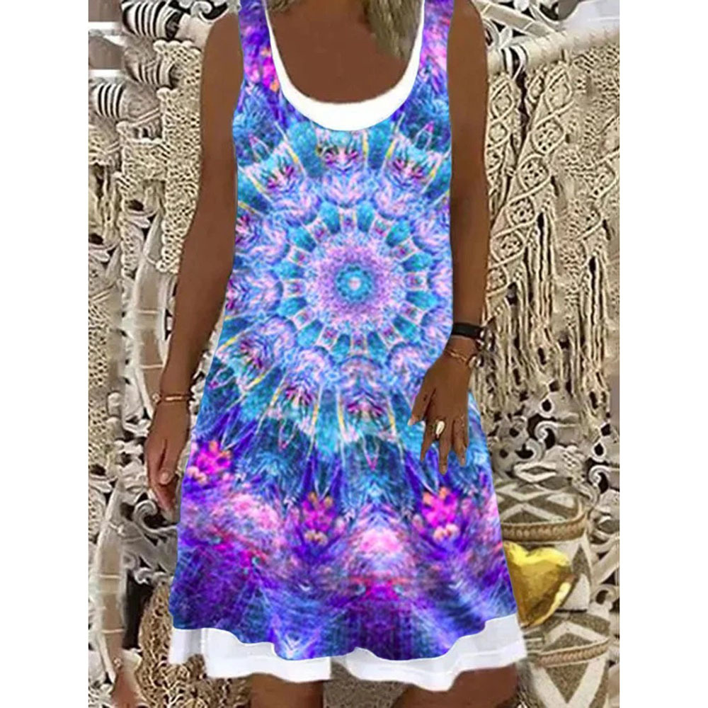 Mature Women Summer Printed Patchwork Round Neck Sleeveless Pleating Dress