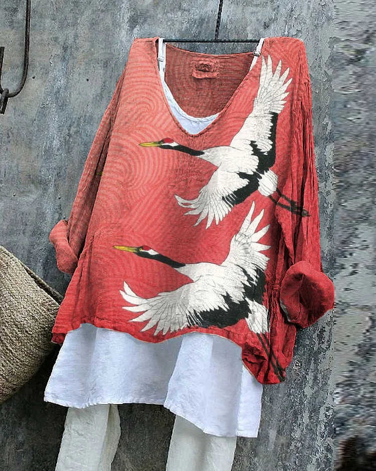 Japanese Ukiyoe Flying Crane Art Linen Blend Tunic Shirt