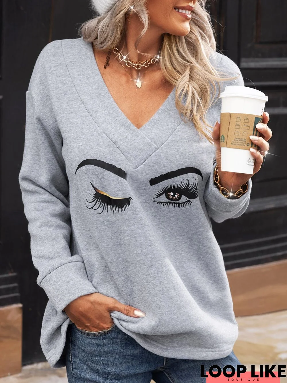 Vintage Statement Eyes Printed V Neck Long Sleeve Casual Tunic Sweatshirt