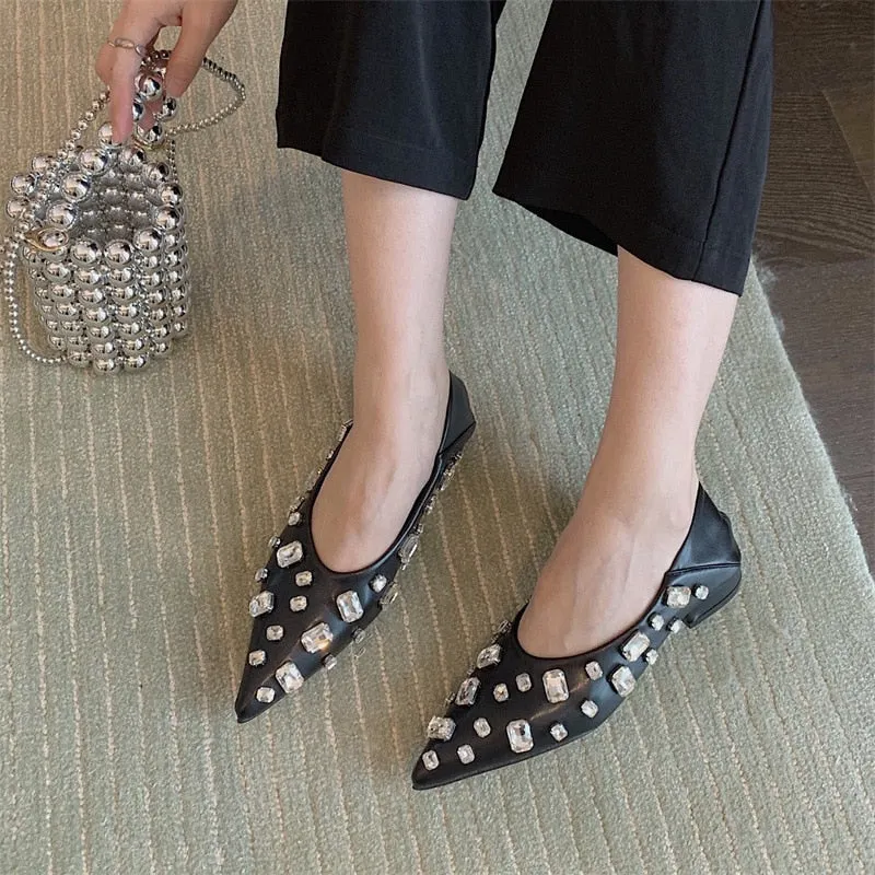 Back to college 2022 Rhinestones Bead Decor Woman Shoes Flats Pointed Toe Slip-On Female Dress Shoes V-Shaped Open Design Elegant Casual Shoes
