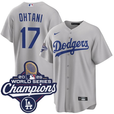 Men's Los Angeles Dodgers #17 Shohei Ohtani  Gray 2025 World Series Champions Home Replica Jersey