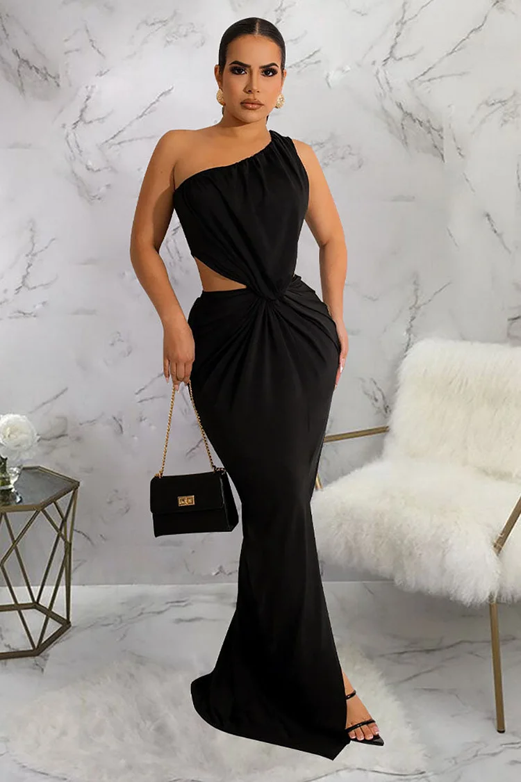 One Shoulder Ruched Twist Cutout Prom Party Maxi Dresses