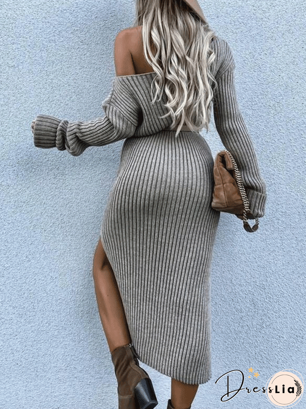 Slanted Shoulder Long Sleeve Split Dress