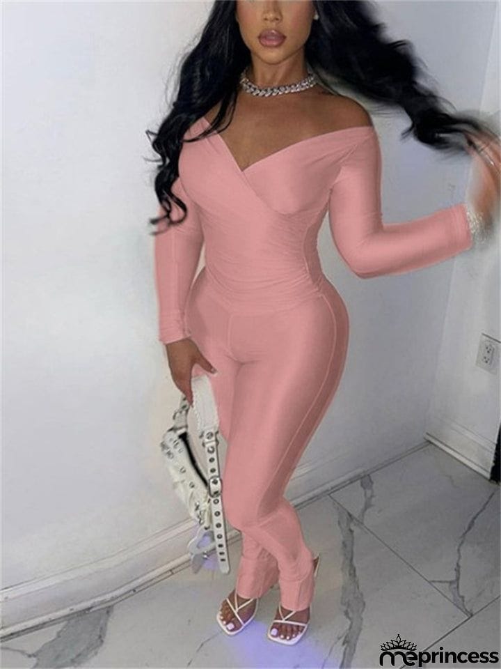 Ladies Sexy V Neck Pure Color Stretchy Shirt + Skinny Pants