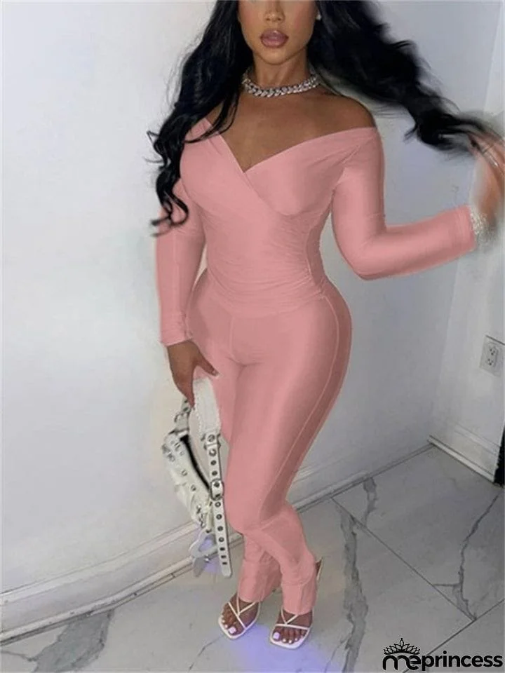 Ladies Sexy V Neck Pure Color Stretchy Shirt + Skinny Pants