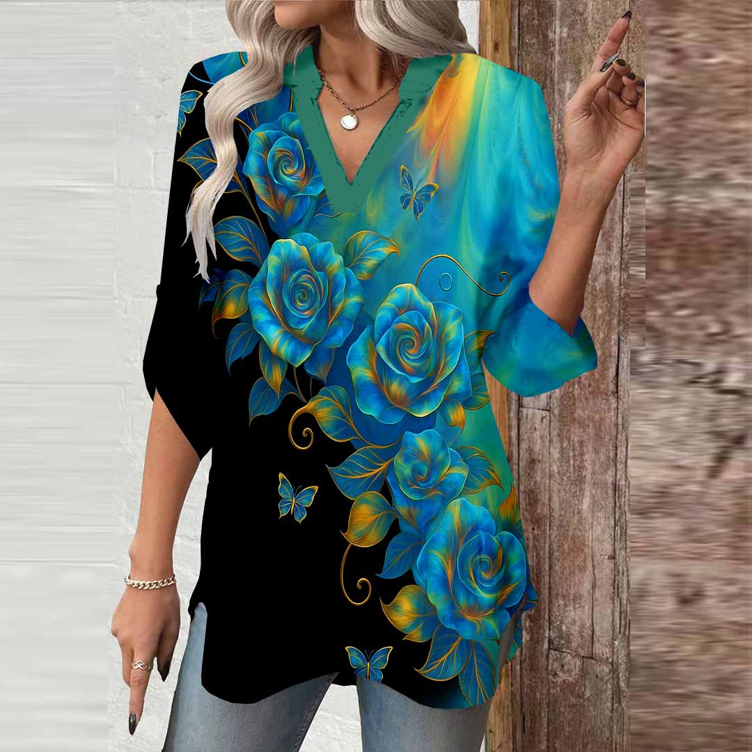 Women Floral,Turquoise DZGA0793 3/4 Sleeve V-neck Printed Graphic Button Tops