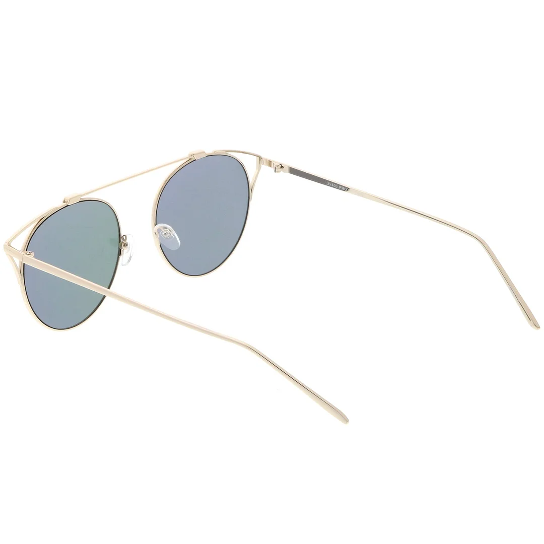 Modern Metal Cutout Cat Eye glasses With Crossbar Round Mirrored Flat Lens 55mm