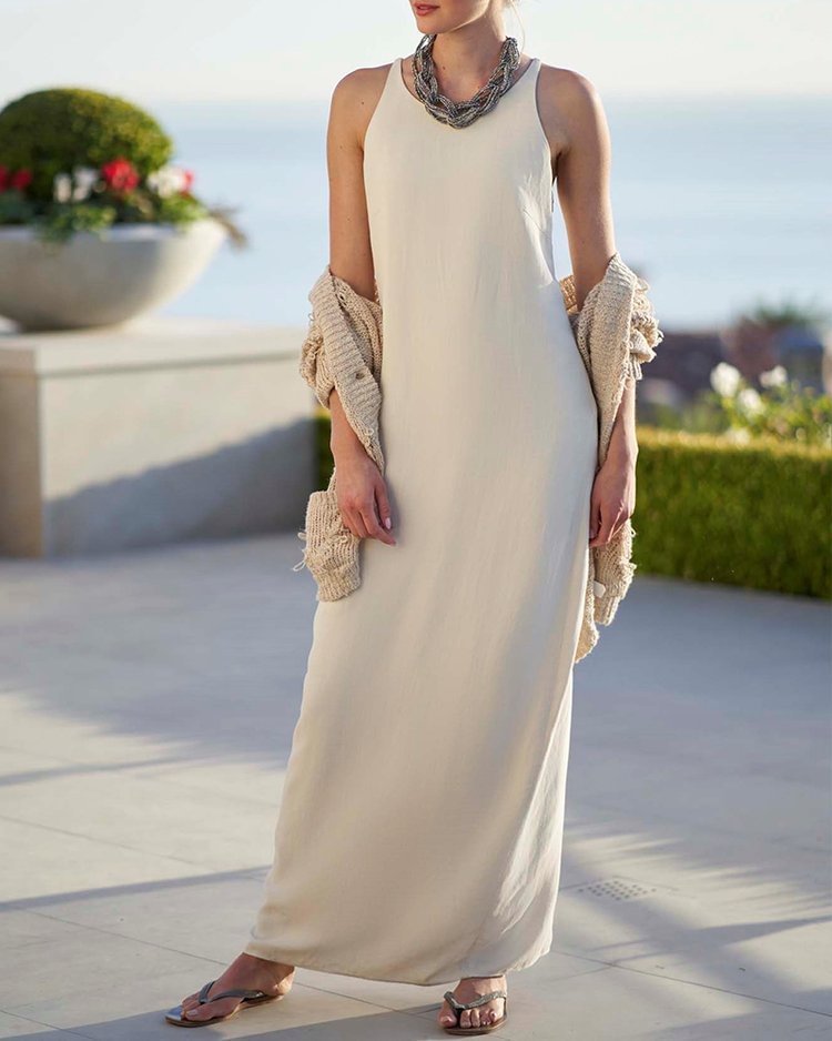 HOLIDAY SOLID COLOR COTTON LINEN MAXI DRESS