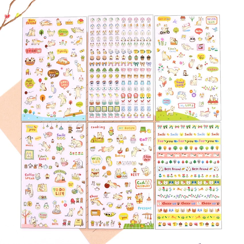 6 PCS/Set DIY Kawaii PVC Cartoon Cat Stationery Stickers Children Toy Scrapbooking For Decoration Photo Album Diary Stationer