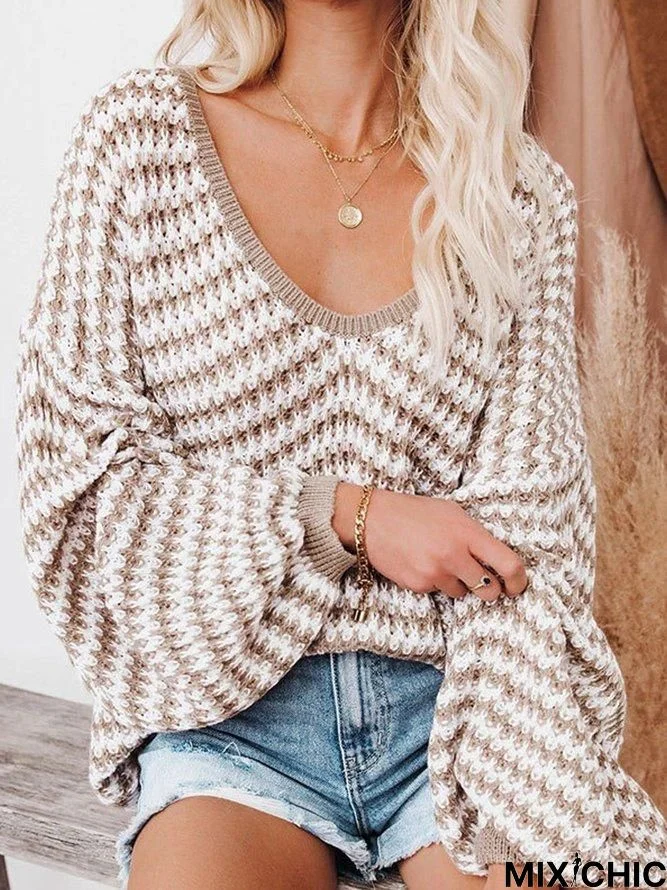 V Neck Casual Knitted Striped Sweater