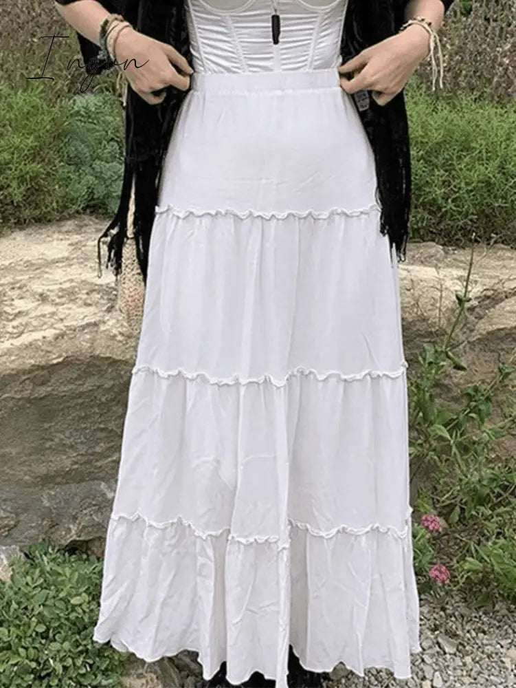 Ingvn - Solid Color Tiered Midi Skirt White / S Skirts