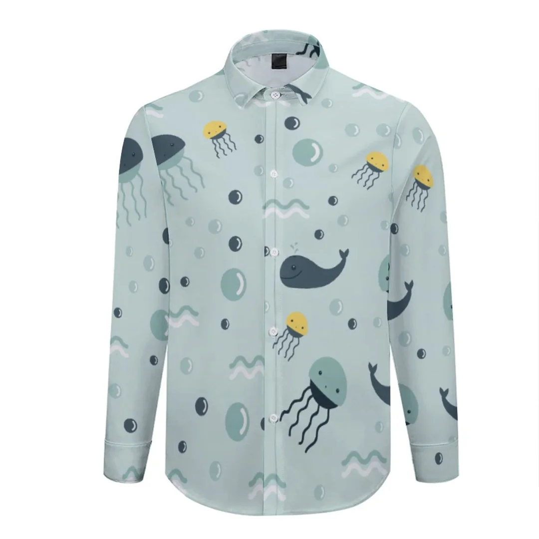 Cute Whale Jellyfish Men Floral Dress Shirts Casual Button-Down Long Sleeve Printed Shirts