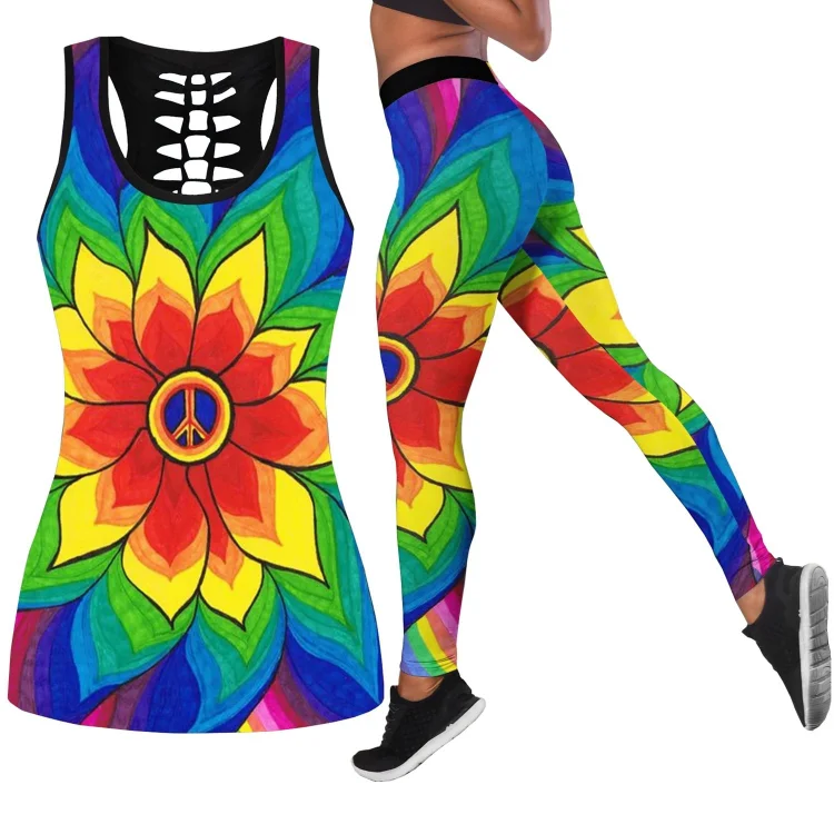Multicolor Flowers Printed Hollow Tank + Legging