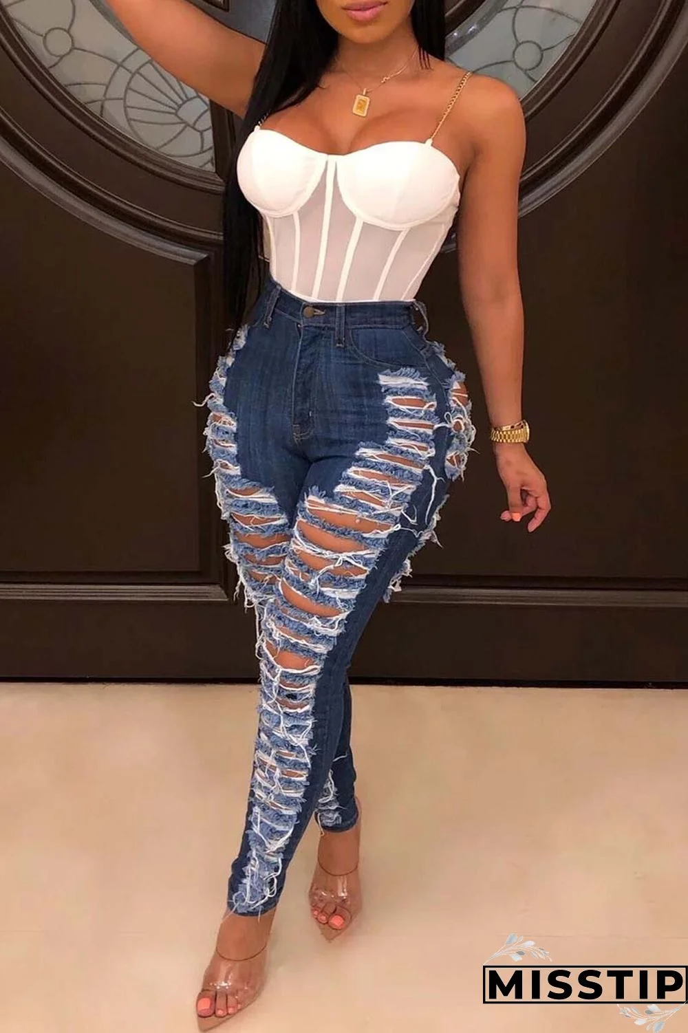 Dark Blue Casual Solid Ripped Patchwork Plus Size Jeans