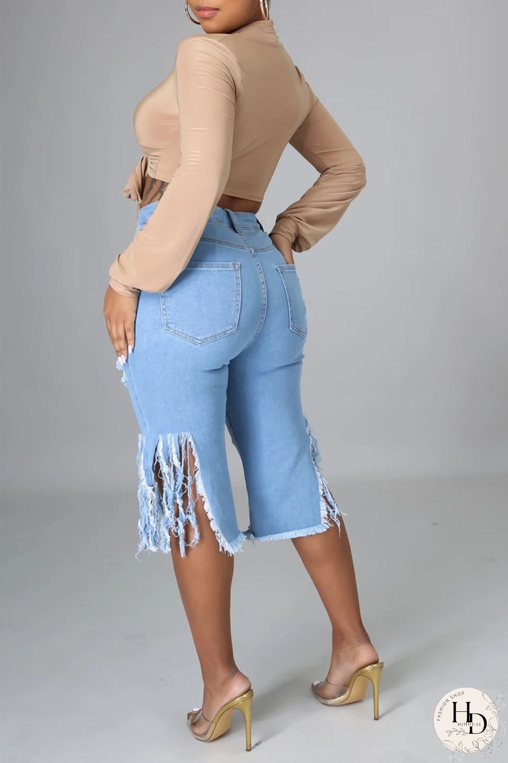 Black Fashion Casual Solid Ripped High Waist Regular Jeans