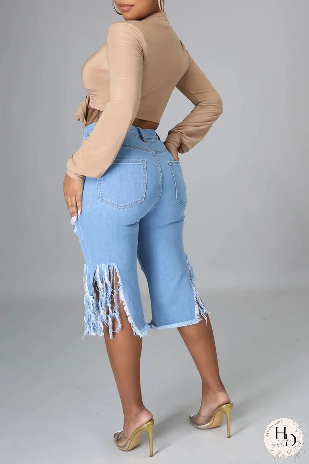 Black Fashion Casual Solid Ripped High Waist Regular Jeans