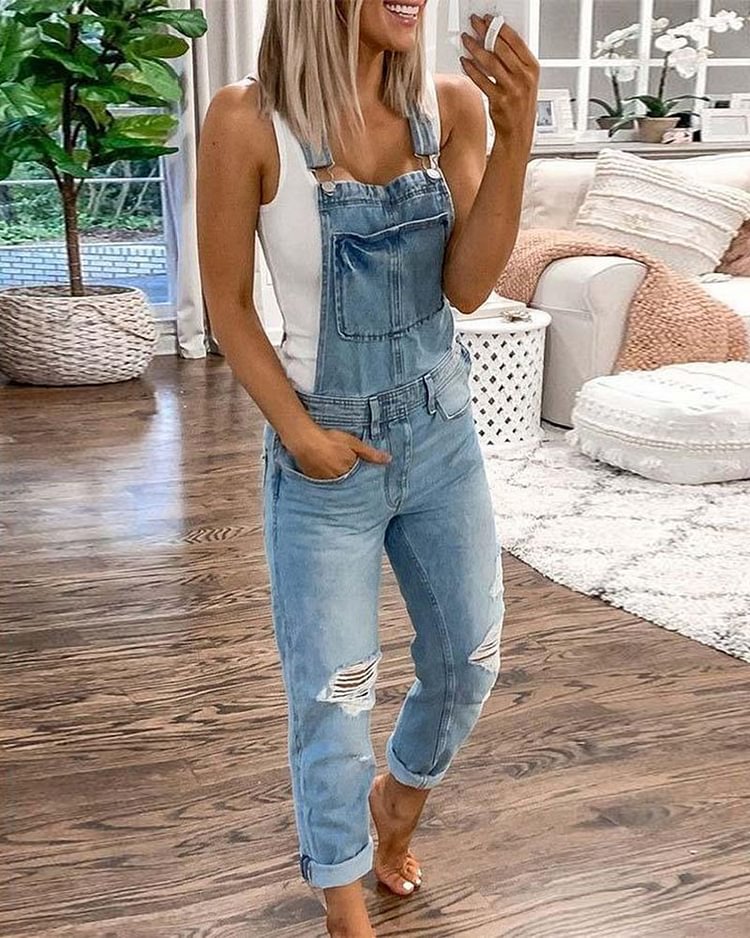 Casual Blue Plain Denim Ripped Overall