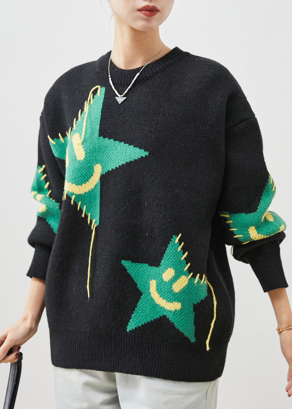 VCSHOES Loose Black Oversized Patchwork Knit Sweater Spring