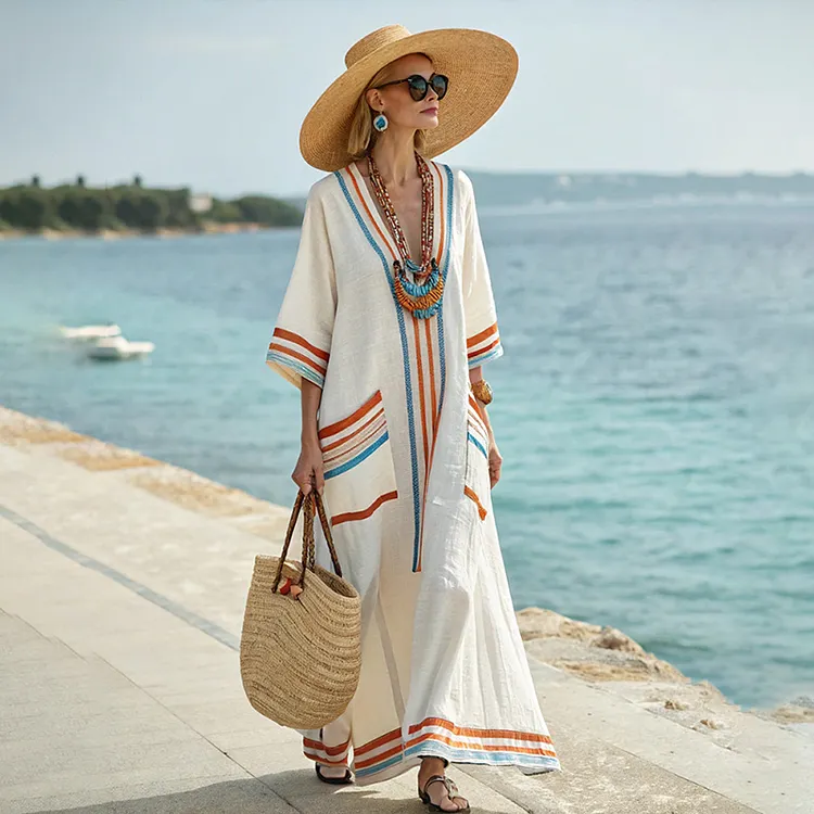 Women's Striped Art V-neck Linen Blend Loose Midi Dress
