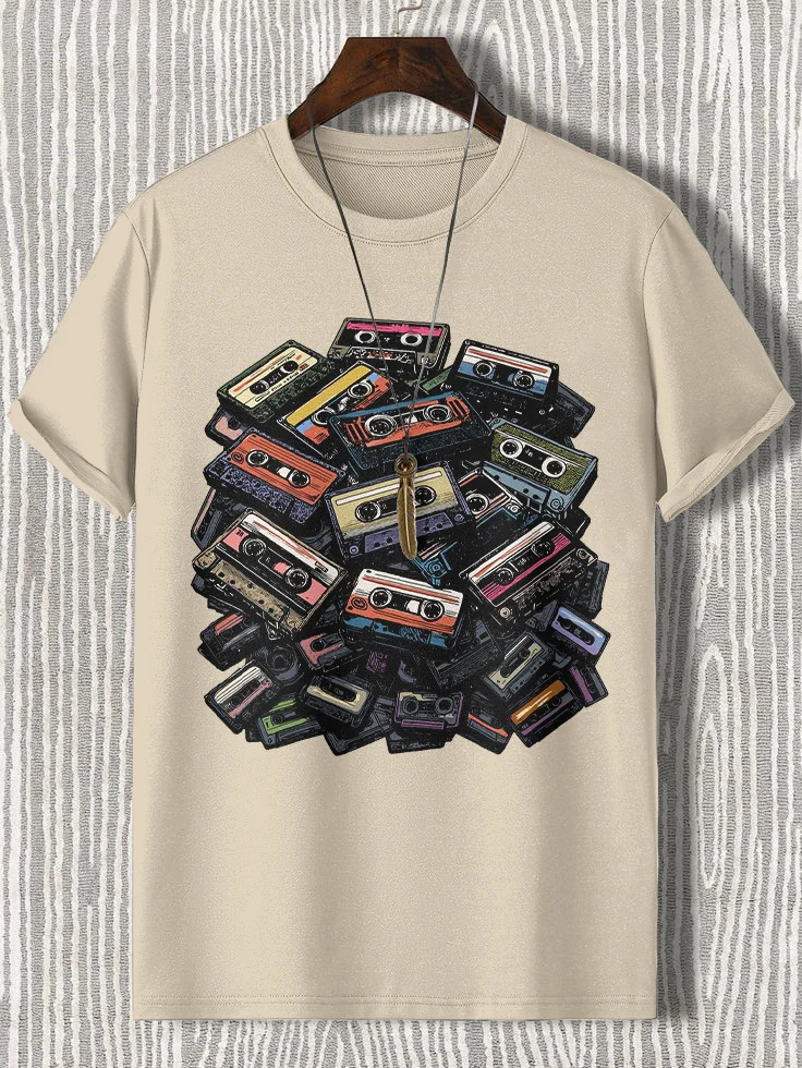 Men's Music Enthusiast Retro Cassette Tape Print Cotton Casual T-Shirt
